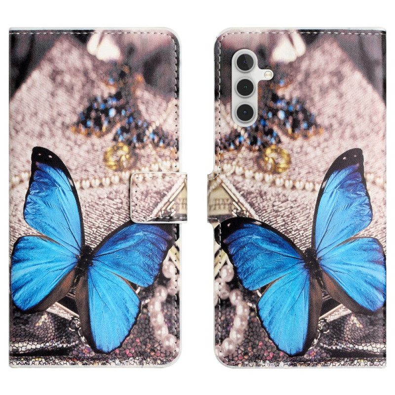 Läderfodral Samsung Galaxy S25 Fe Telefonfodral Klassisk Blå Fjäril