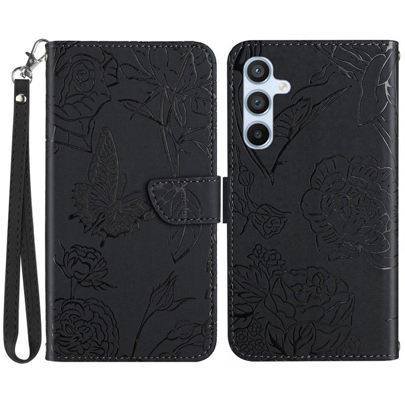 Läderfodral Samsung Galaxy S25 Plus 5g Telefonfodral Fjärilstryck Med Rem