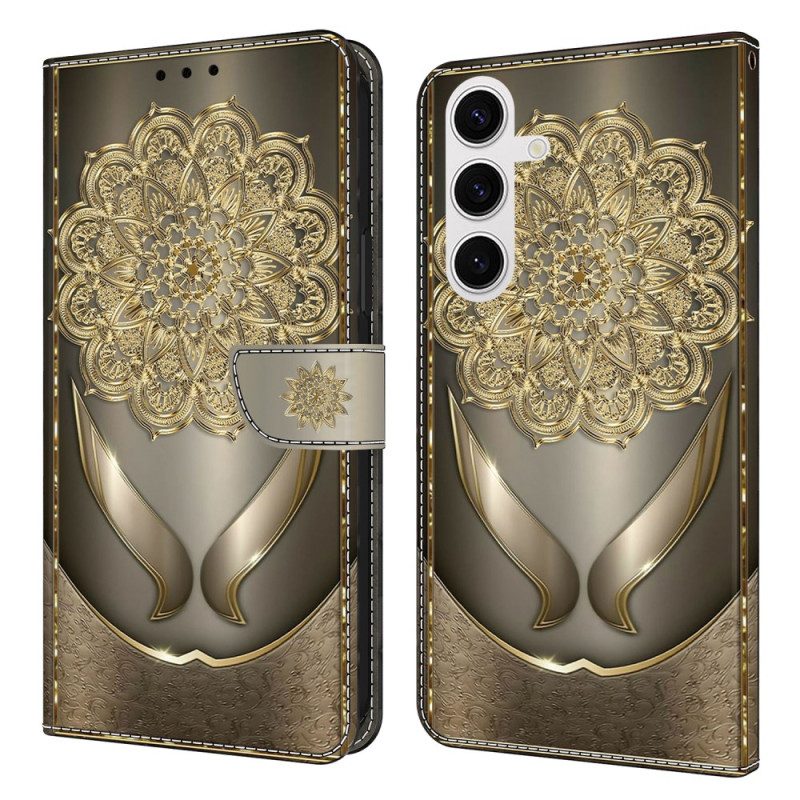 Läderfodral Samsung Galaxy S26 Plus Telefonfodral Glänsande Guldblommor