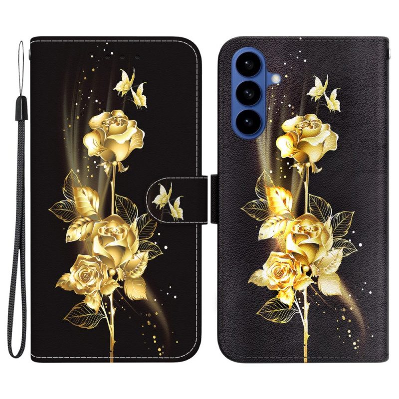 Läderfodral Samsung Galaxy S26 Telefonfodral Guld- Och Rosa Fjärilar