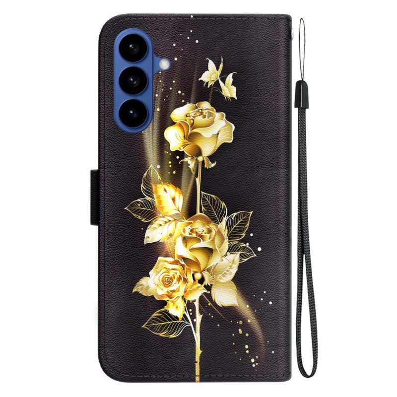 Läderfodral Samsung Galaxy S26 Telefonfodral Guld- Och Rosa Fjärilar