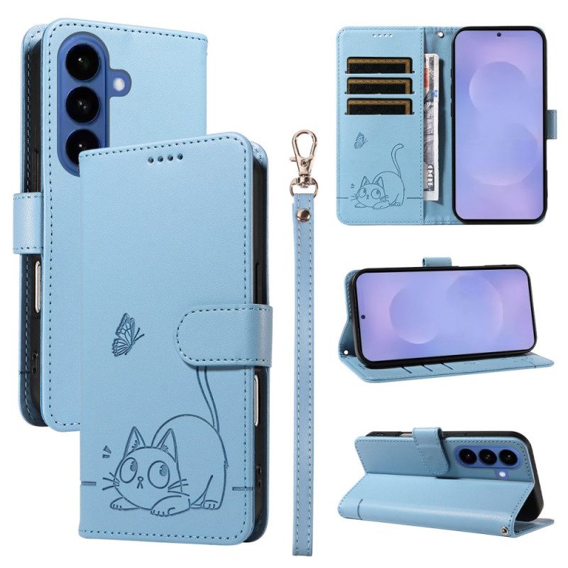 Läderfodral Samsung Galaxy S26 Telefonfodral Katttassavtryck Med Rem