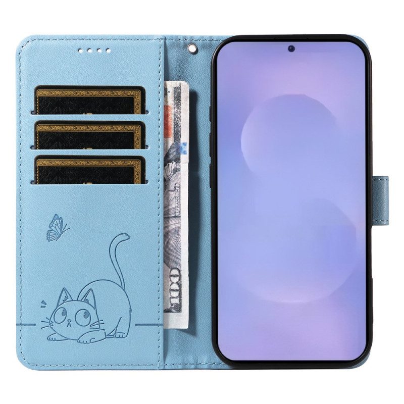 Läderfodral Samsung Galaxy S26 Telefonfodral Katttassavtryck Med Rem