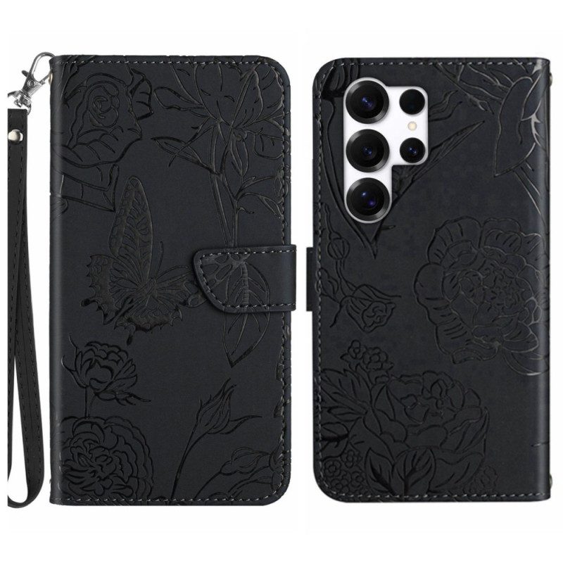 Läderfodral Samsung Galaxy S26 Ultra Telefonfodral Fjärilstryckt Rem