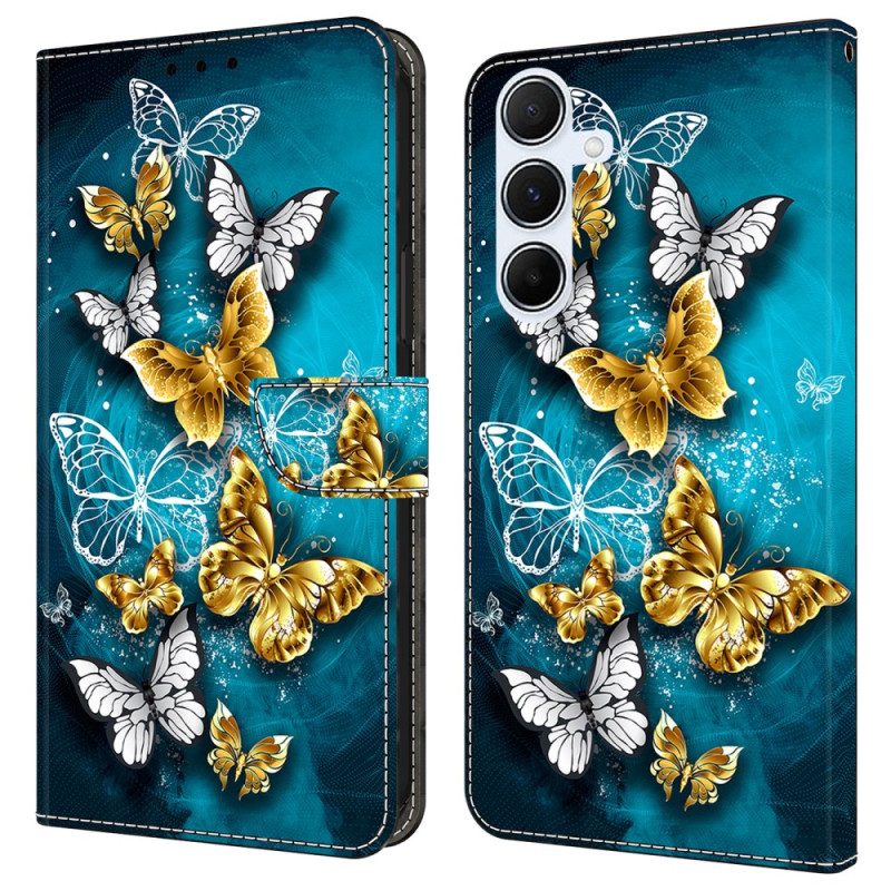 Läderskal Fodral Samsung Galaxy A17 4g / 5g Guldfjärilar På Grön Bakgrund