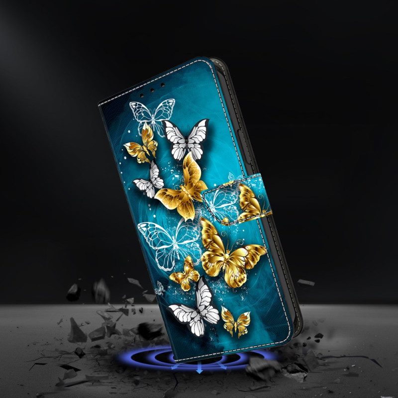 Läderskal Fodral Samsung Galaxy A17 4g / 5g Guldfjärilar På Grön Bakgrund