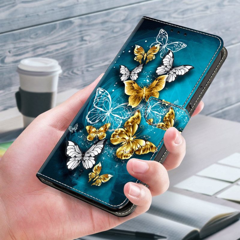 Läderskal Fodral Samsung Galaxy A17 4g / 5g Guldfjärilar På Grön Bakgrund