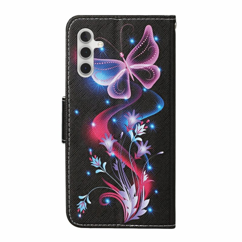 Läderskal Fodral Samsung Galaxy A17 4g / 5g Lysande Fjärilar