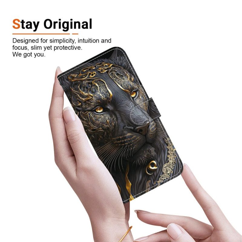Läderskal Fodral Samsung Galaxy S26 Guldfärgat Och Svart Lejon
