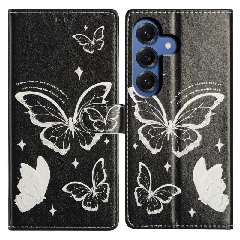 Läderskal Fodral Samsung Galaxy S26 Plus Svarta Och Vita Fjärilar