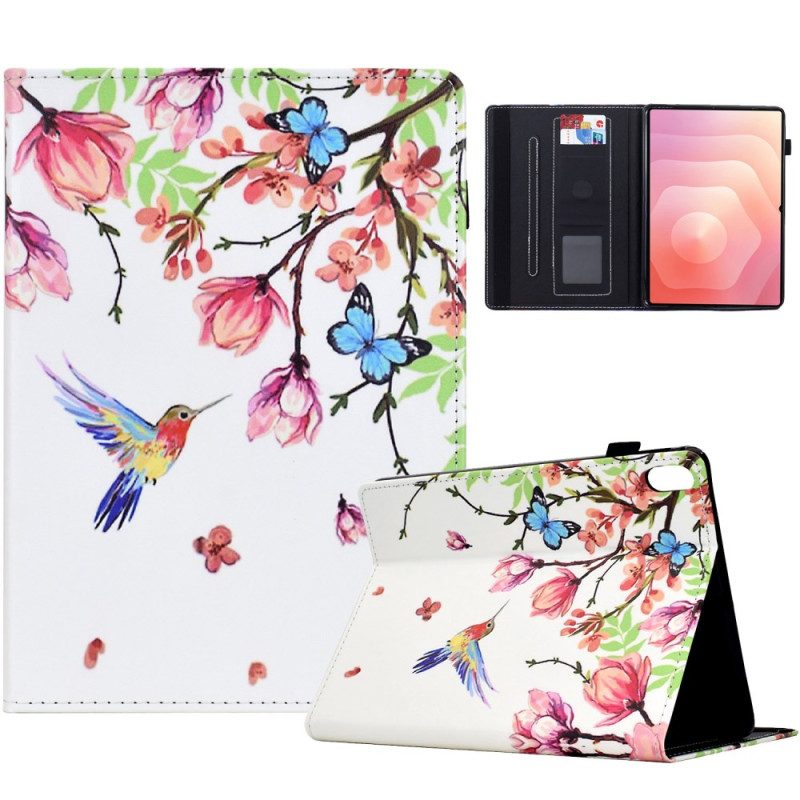 Läderskal Fodral Samsung Galaxy Tab S11 Färgade Blommor Och Fåglar