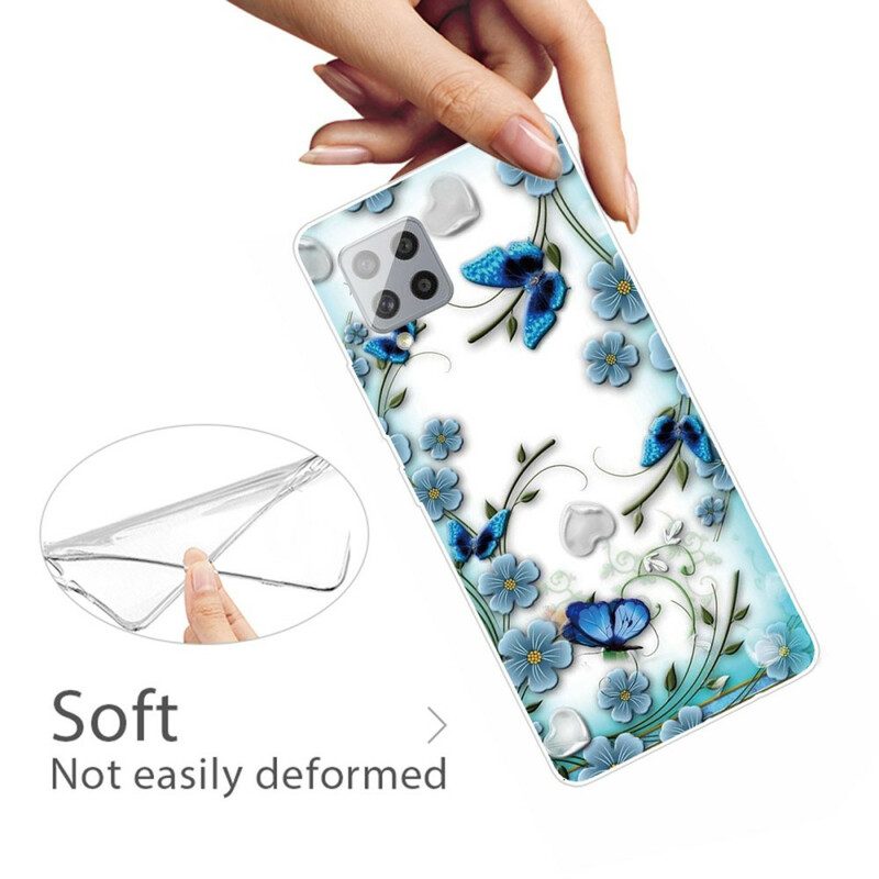 Mobilskal För Samsung Galaxy A42 5G Transparenta Retrofjärilar Och Blommor