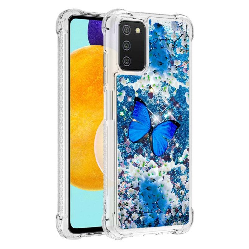 Skal För Samsung Galaxy A03s Blå Glitterfjärilar