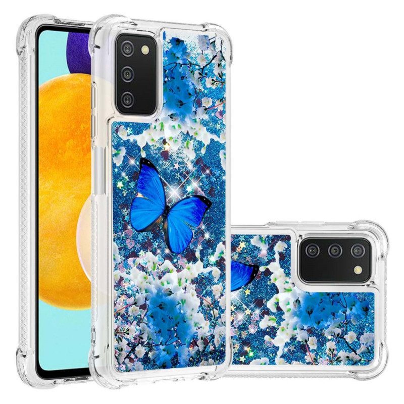 Skal För Samsung Galaxy A03s Blå Glitterfjärilar