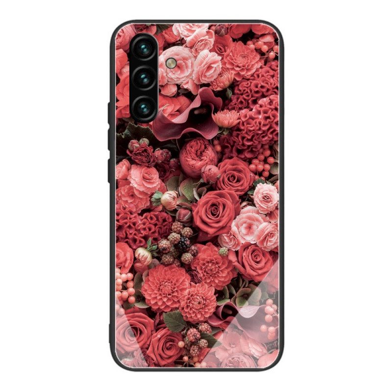 Skal För Samsung Galaxy A13 5G Rosa Blommor I Härdat Glas