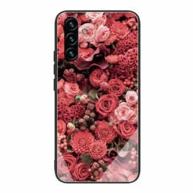 Skal För Samsung Galaxy A13 5G Rosa Blommor I Härdat Glas