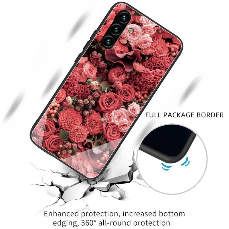Skal För Samsung Galaxy A13 5G Rosa Blommor I Härdat Glas