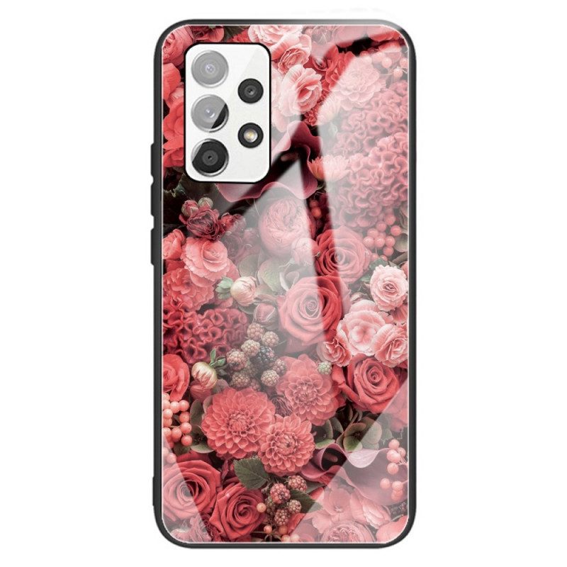Skal För Samsung Galaxy A13 Rosa Blommor I Härdat Glas
