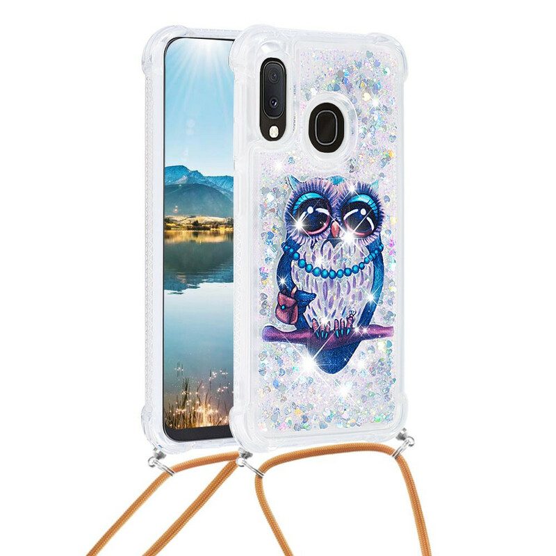 Skal För Samsung Galaxy A20e Med Snodd Fröken Owl Glitter Dragsko