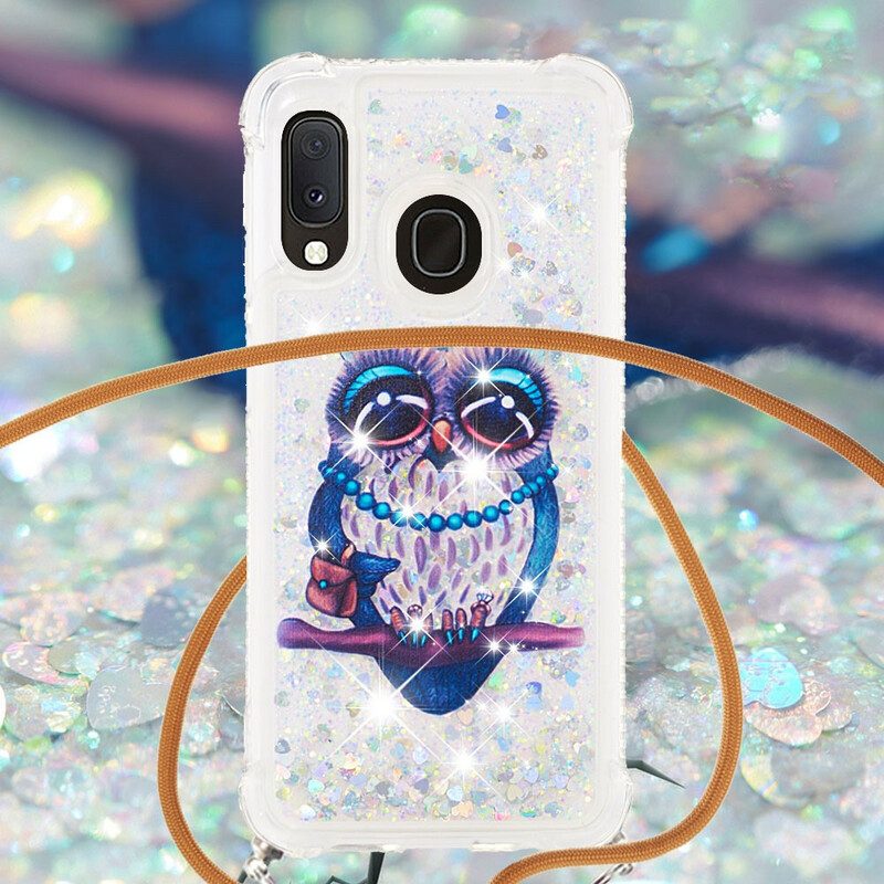 Skal För Samsung Galaxy A20e Med Snodd Fröken Owl Glitter Dragsko