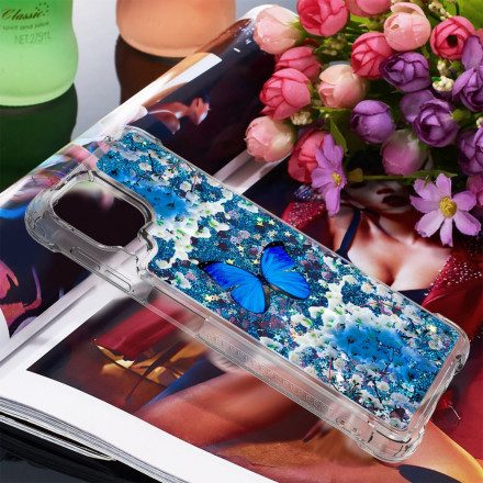 Skal För Samsung Galaxy A22 4G Blå Glitterfjärilar