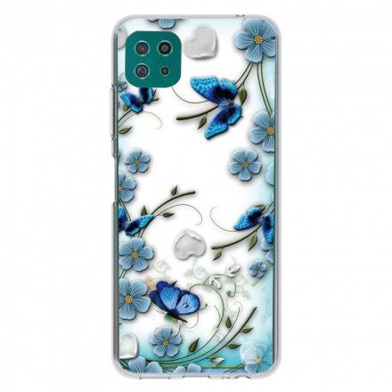 Skal För Samsung Galaxy A22 5G Transparenta Retrofjärilar Och Blommor