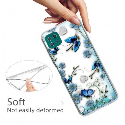 Skal För Samsung Galaxy A22 5G Transparenta Retrofjärilar Och Blommor