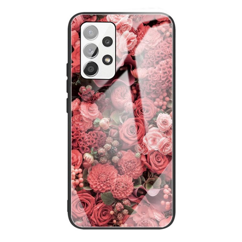 Skal För Samsung Galaxy A53 5G Rosa Blommor I Härdat Glas