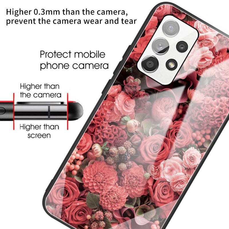 Skal För Samsung Galaxy A53 5G Rosa Blommor I Härdat Glas