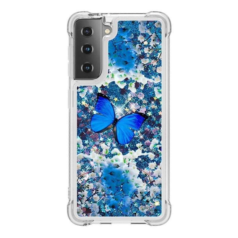 Skal För Samsung Galaxy S21 5G Blå Glitterfjärilar