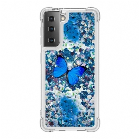 Skal För Samsung Galaxy S21 5G Blå Glitterfjärilar