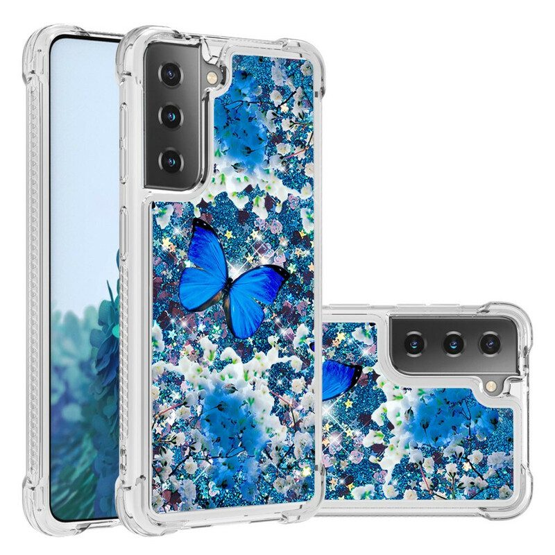 Skal För Samsung Galaxy S21 5G Blå Glitterfjärilar