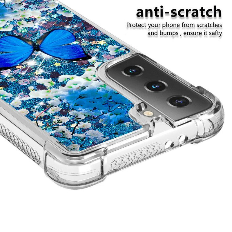Skal För Samsung Galaxy S21 5G Blå Glitterfjärilar
