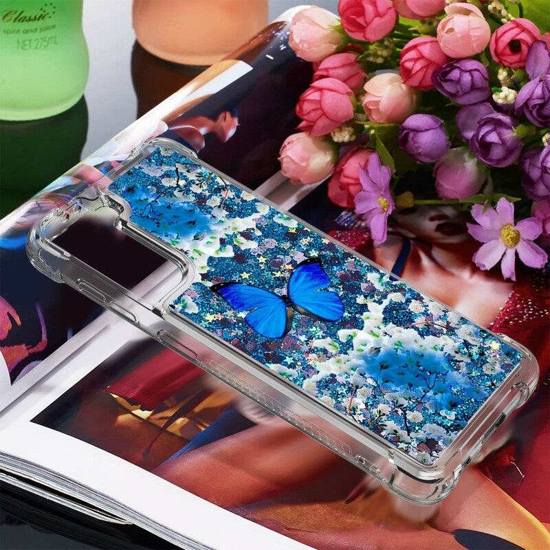 Skal För Samsung Galaxy S21 5G Blå Glitterfjärilar