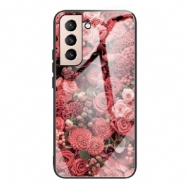 Skal För Samsung Galaxy S21 FE Rosa Blommor I Härdat Glas