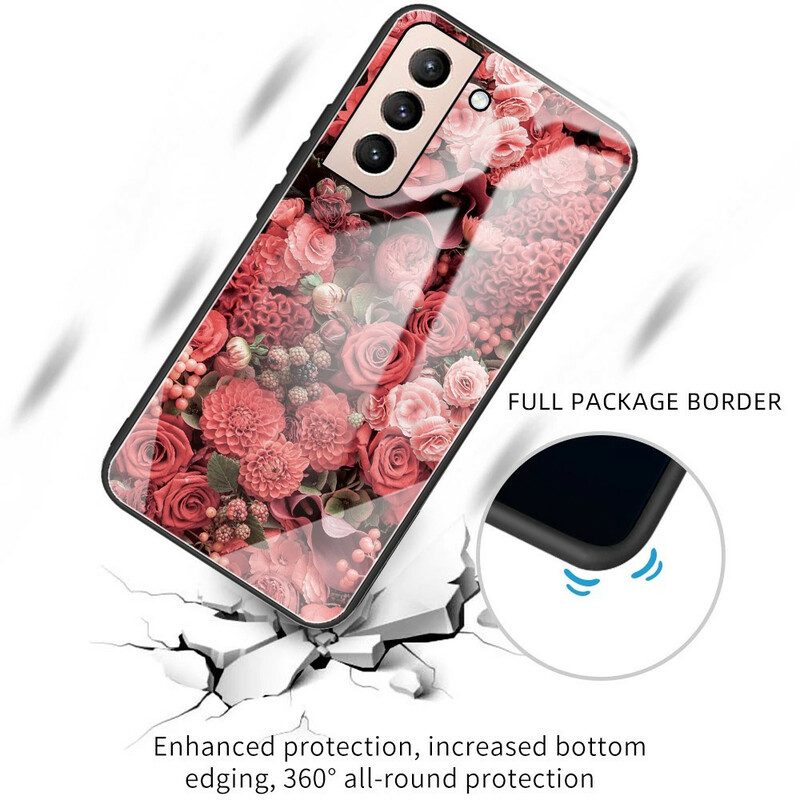 Skal För Samsung Galaxy S21 FE Rosa Blommor I Härdat Glas