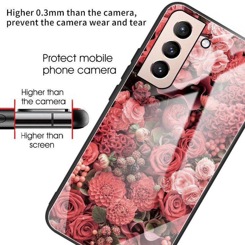 Skal För Samsung Galaxy S21 FE Rosa Blommor I Härdat Glas