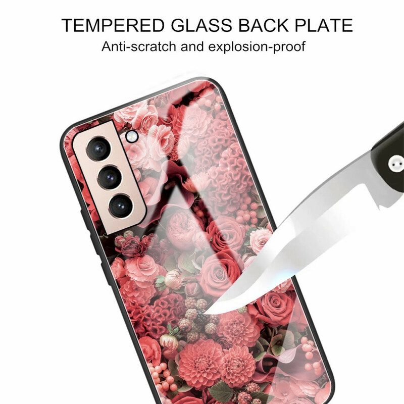 Skal För Samsung Galaxy S21 FE Rosa Blommor I Härdat Glas