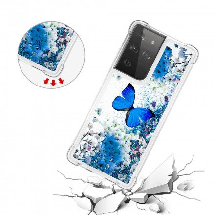 Skal För Samsung Galaxy S21 Ultra 5G Blå Glitterfjärilar