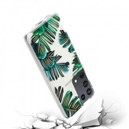 Skal För Samsung Galaxy S21 Ultra 5G Transparenta Gröna Löv