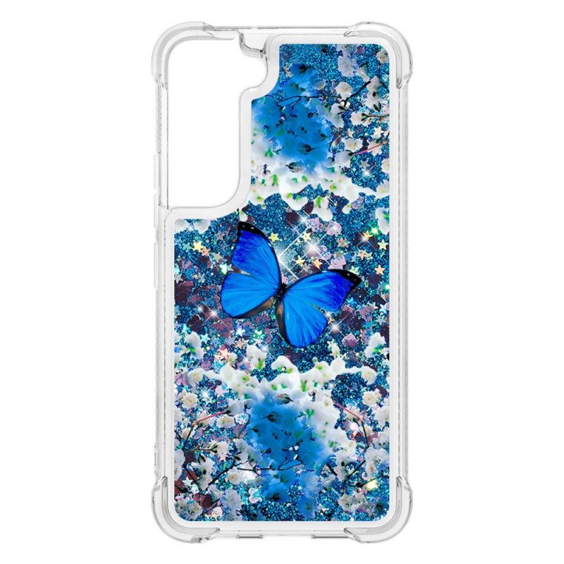 Skal För Samsung Galaxy S22 5G Blå Glitterfjärilar