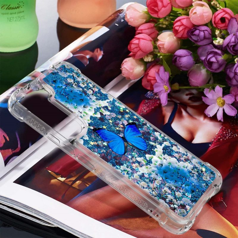 Skal För Samsung Galaxy S22 5G Blå Glitterfjärilar