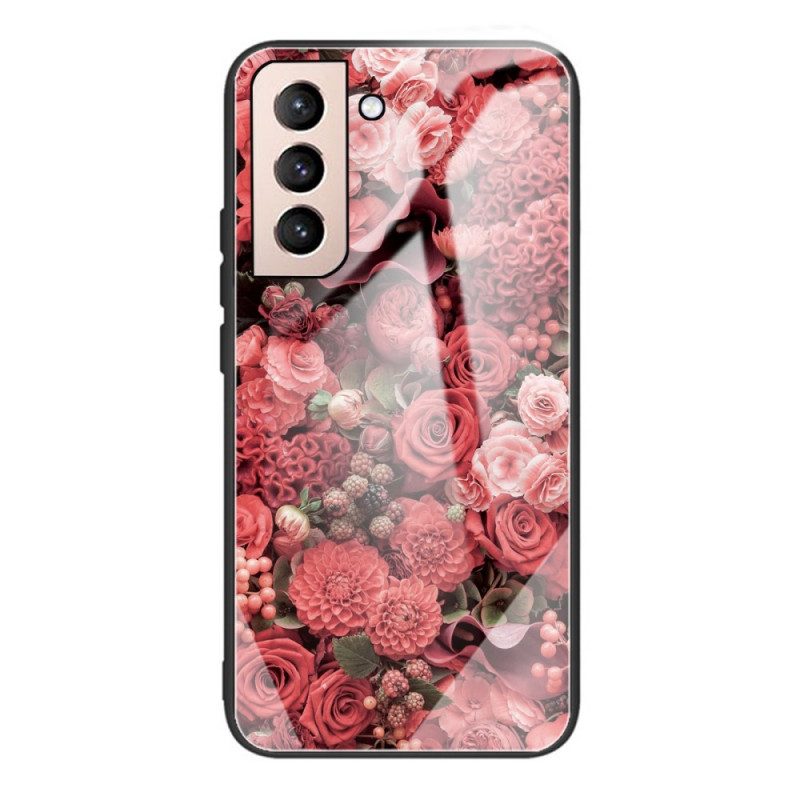 Skal För Samsung Galaxy S22 5G Rosa Blommor I Härdat Glas