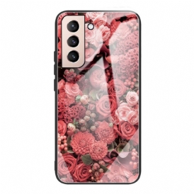 Skal För Samsung Galaxy S22 5G Rosa Blommor I Härdat Glas