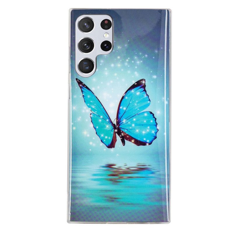 Skal För Samsung Galaxy S22 Ultra 5G Fluorescerande Blå Fjärilar