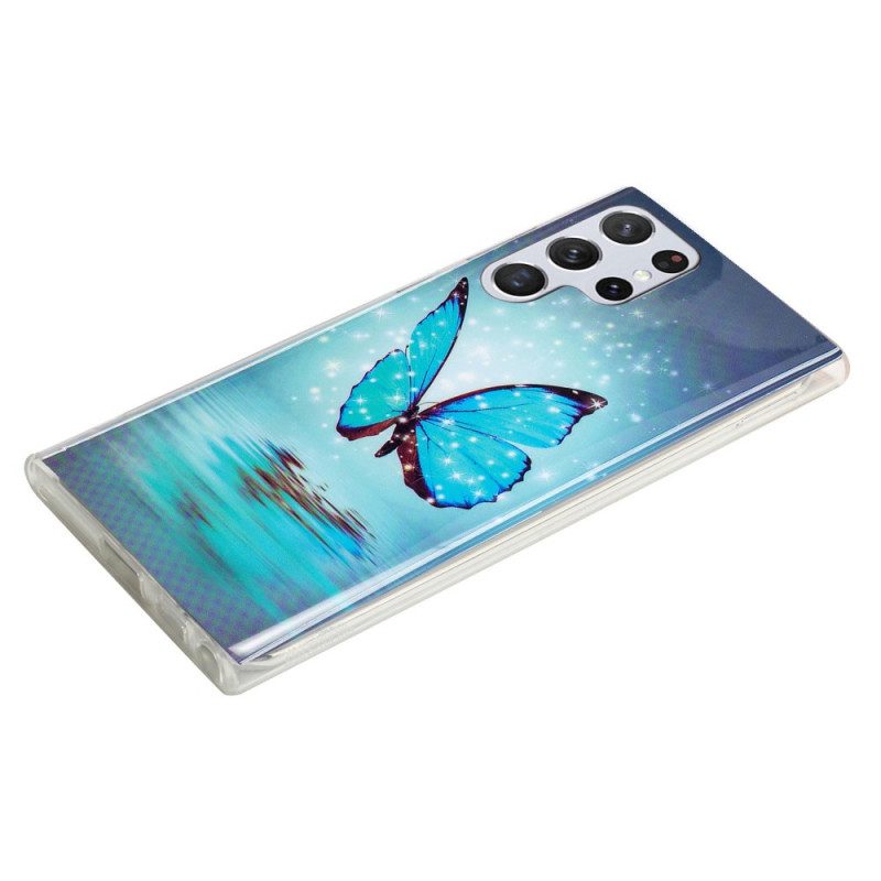 Skal För Samsung Galaxy S22 Ultra 5G Fluorescerande Blå Fjärilar