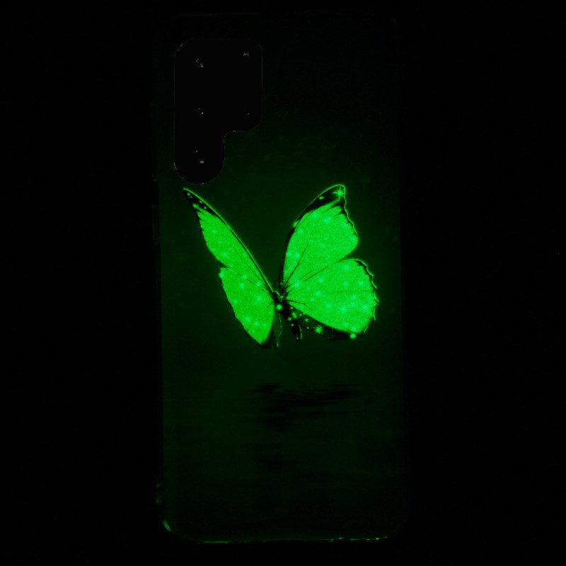 Skal För Samsung Galaxy S22 Ultra 5G Fluorescerande Blå Fjärilar