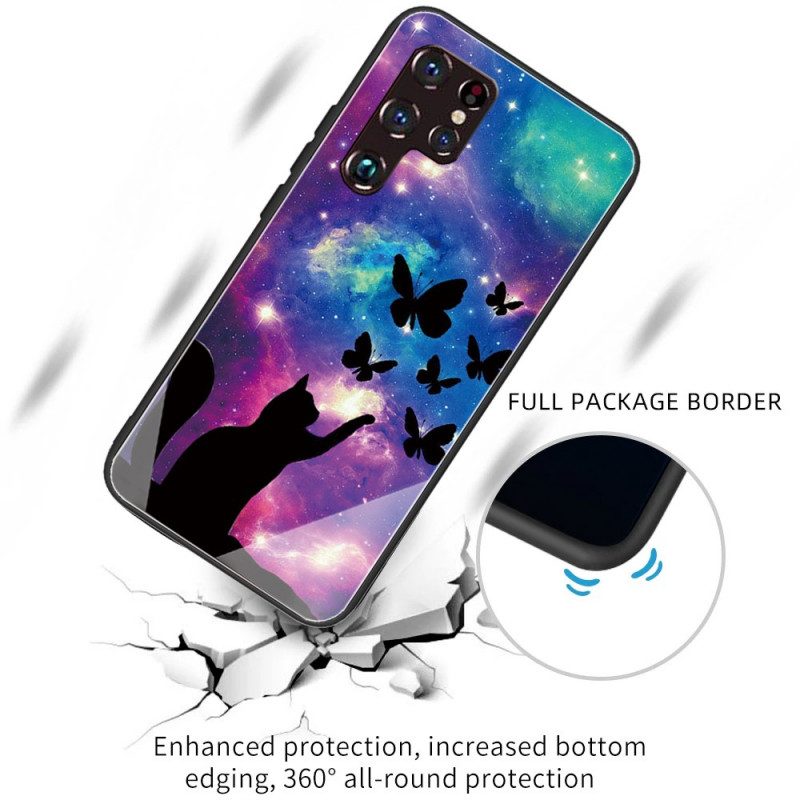 Skal För Samsung Galaxy S22 Ultra 5G Katt Och Fjärilar I Härdat Glas I Rymden