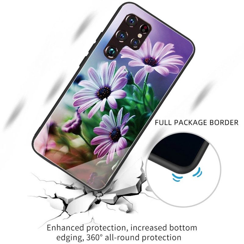 Skal För Samsung Galaxy S22 Ultra 5G Realistiska Blommor I Härdat Glas