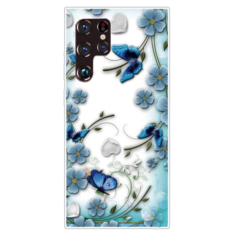 Skal För Samsung Galaxy S22 Ultra 5G Retro Fjärilar Och Blommor